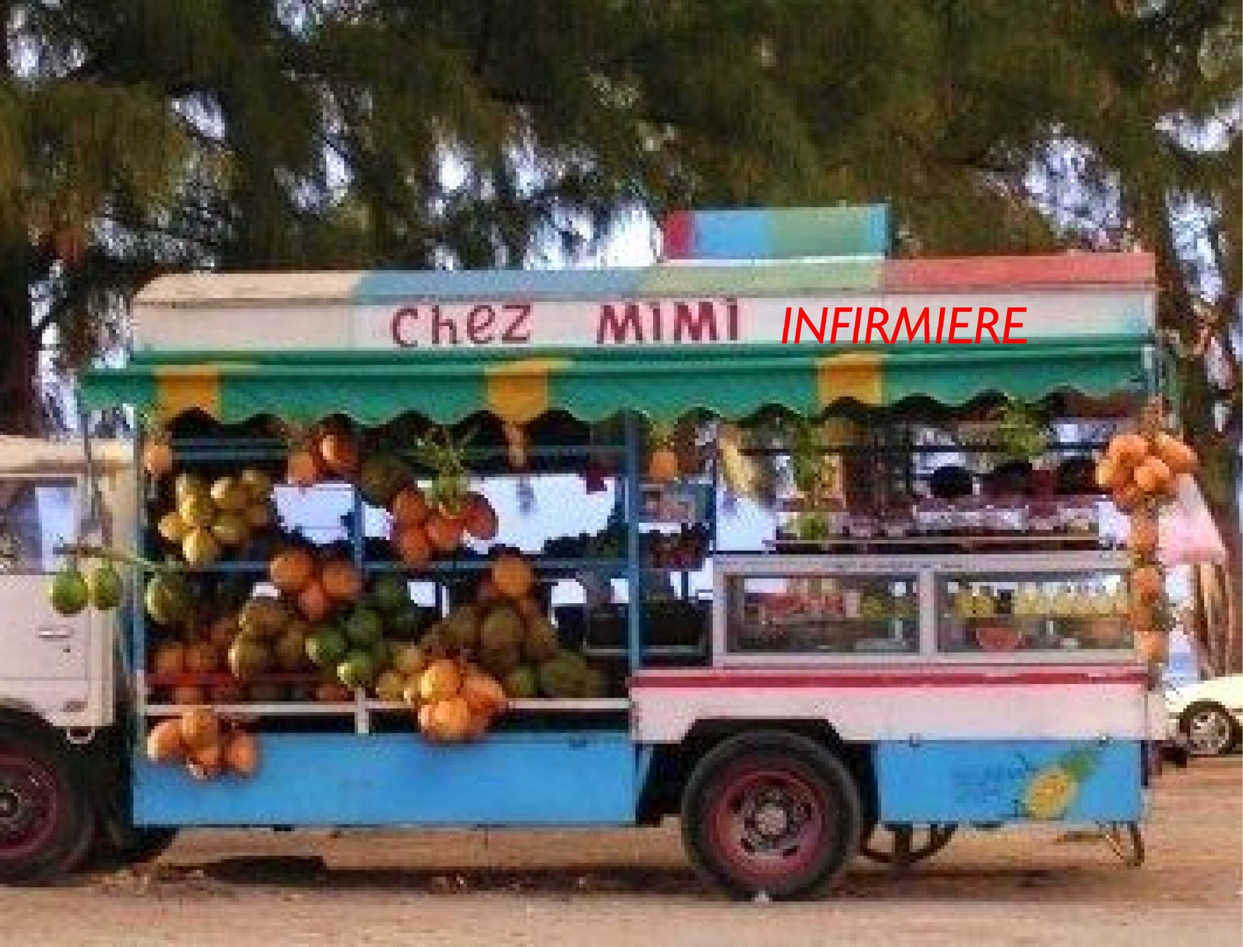 Un camion transportant toutes sortes de denrées comestibles avec en haut l'inscription "Chez MIMI" avec, ajouté en route "infirmière"