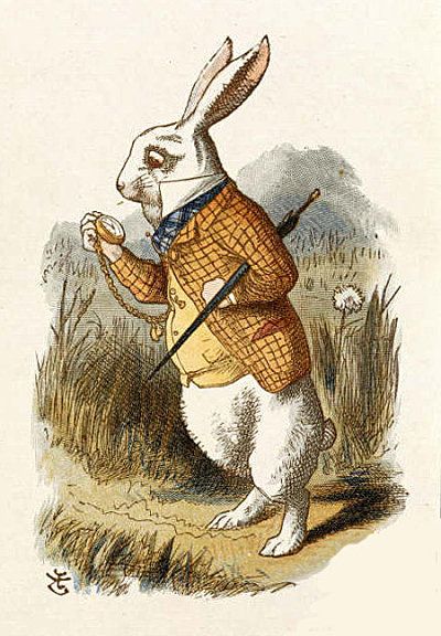 Un dessin du lapin de l'histoire d'Alice au pays des merveilles. Il marche dans la campagne avec son parapluie sous le bras et porte une montre à gousset qu'il regarde pensivement.