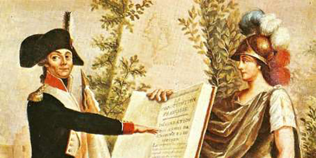 Un tableau du XVIIIème, montrant un agent en uniforme prête serment en levant la main droite face à un livre ouvert intitulé "la Constitution Française". Le livre est tenu par une femme avec un casque et des plumes tricolores bleues, blanches, et rouges.