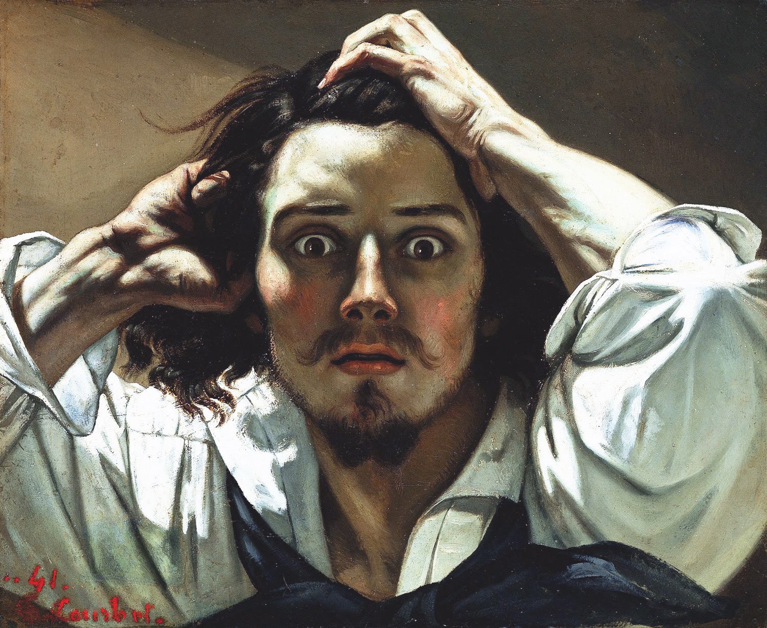 Un personnage issu d'un epeinture du XIXème siècle : un homme jeune avec des yeux hagards se tient la tête avec les mains exprimant une tension nerveuse forte.