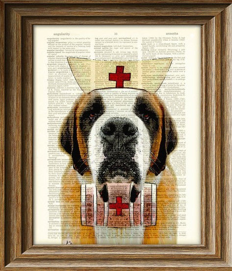 le tableau d'un chien de race Saint Bernard (chien sauveteur de montagne), avec un tonneau accroché au collier sur lequel on a ajouté une coiffe blanche avec une croix rouge