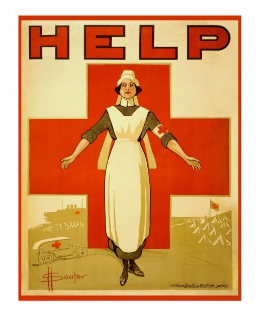 une affiche vintage d'une infirmière de la 2ème guerre mondiale sur fond de croix rouge et au-dessus la mention "HELP" (Au secours)